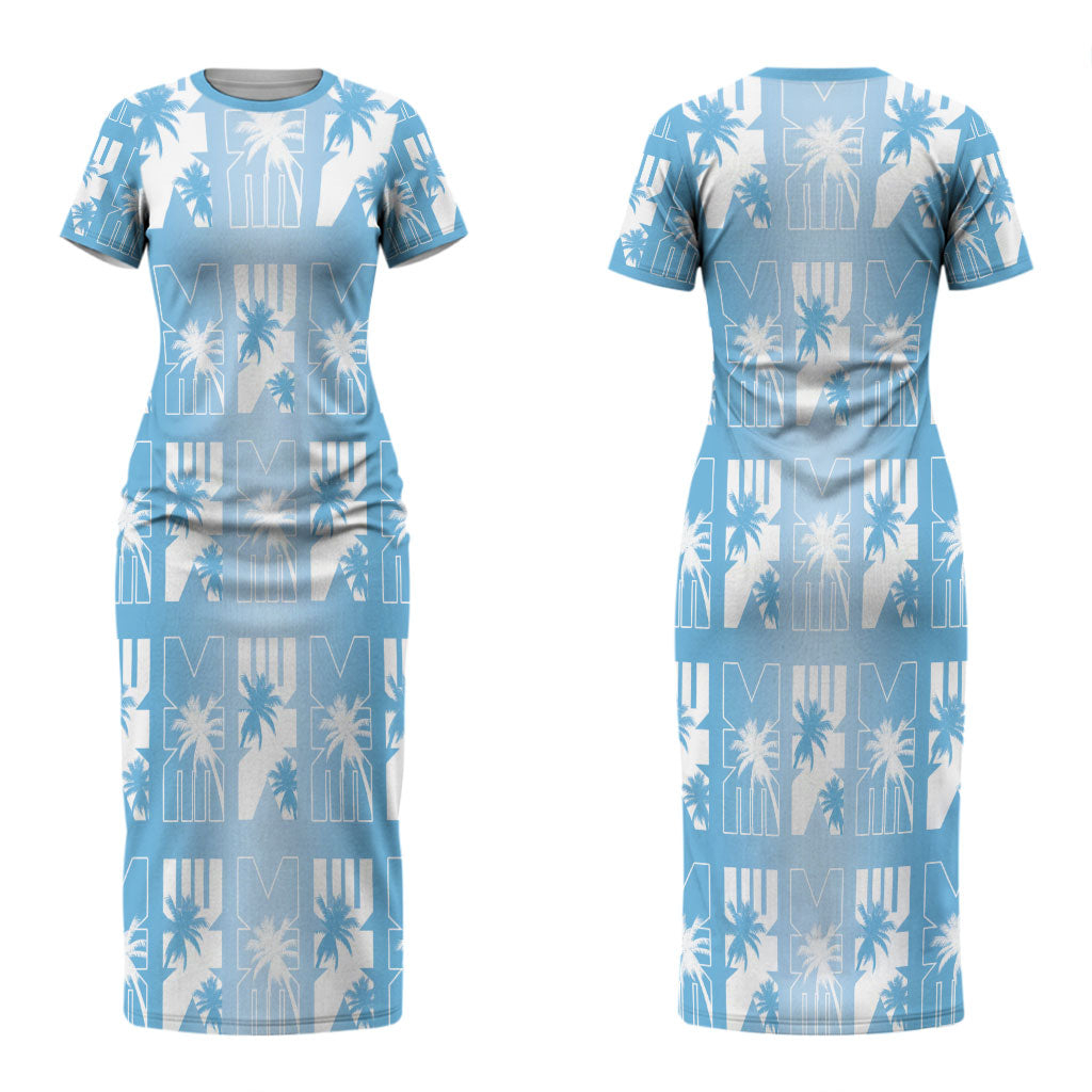 Bula Fiji Couples Matching Short Sleeve Bodycon Dress and Long Sleeve Button Shirt Blue Makare Masi Tapa Pattern LT05 - Polynesian Pride