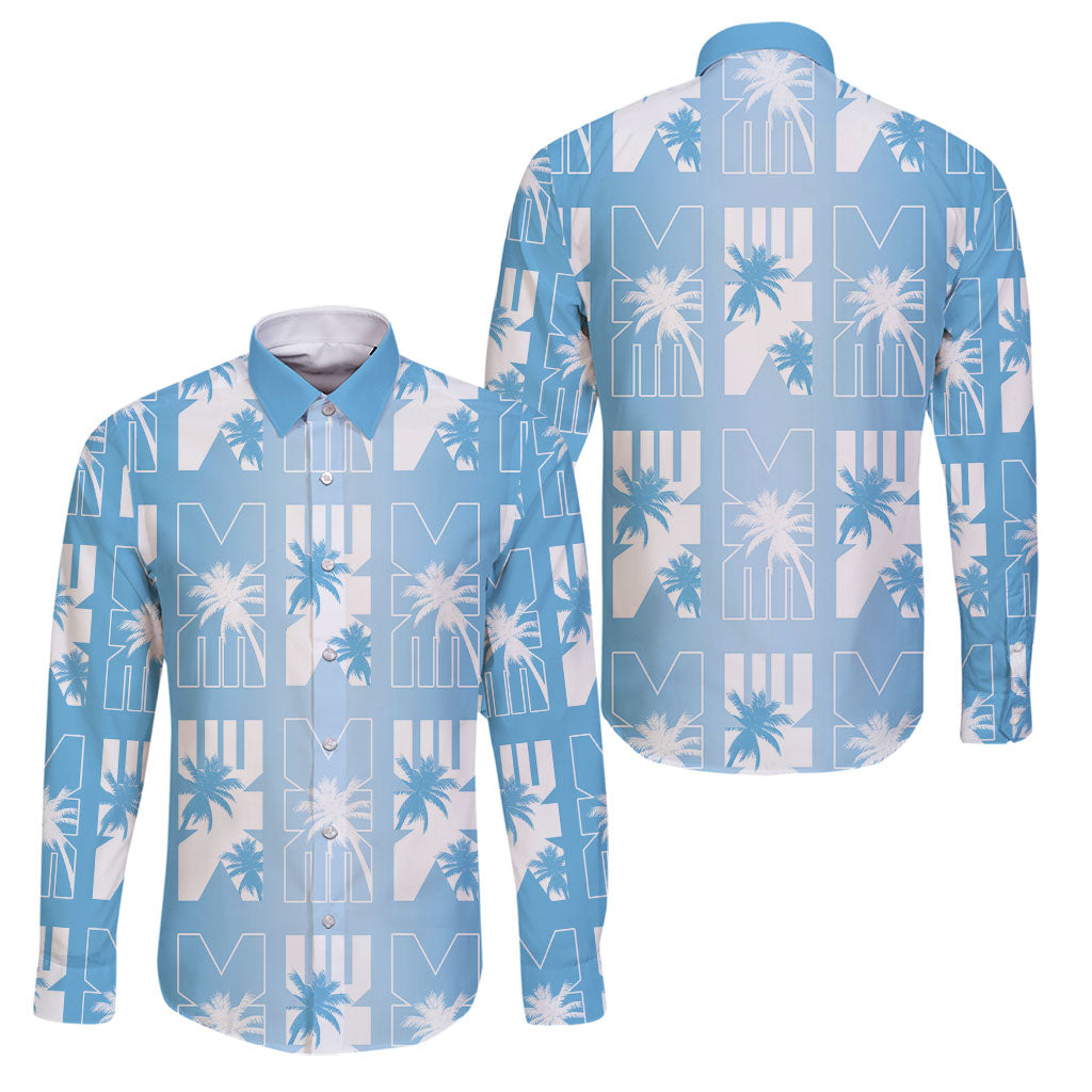Bula Fiji Family Matching Off Shoulder Maxi Dress and Hawaiian Shirt Blue Makare Masi Tapa Pattern LT05 Dad's Shirt - Long Sleeve Blue - Polynesian Pride