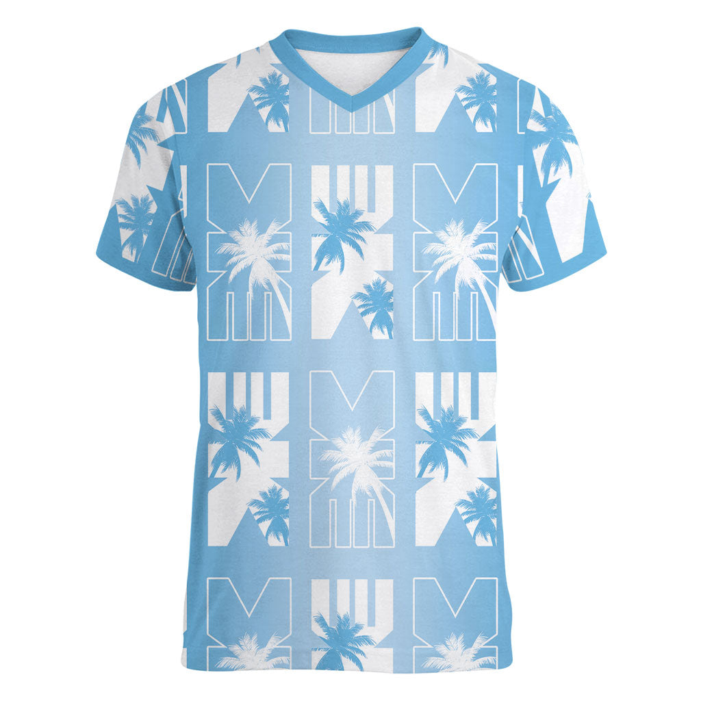 Bula Fiji Women V-Neck T-Shirt Blue Makare Masi Tapa Pattern LT05 Female Blue - Polynesian Pride