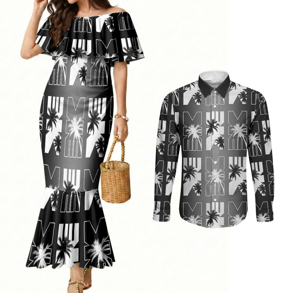 Bula Fiji Couples Matching Mermaid Dress and Long Sleeve Button Shirt Black Makare Masi Tapa Pattern LT05 Black - Polynesian Pride