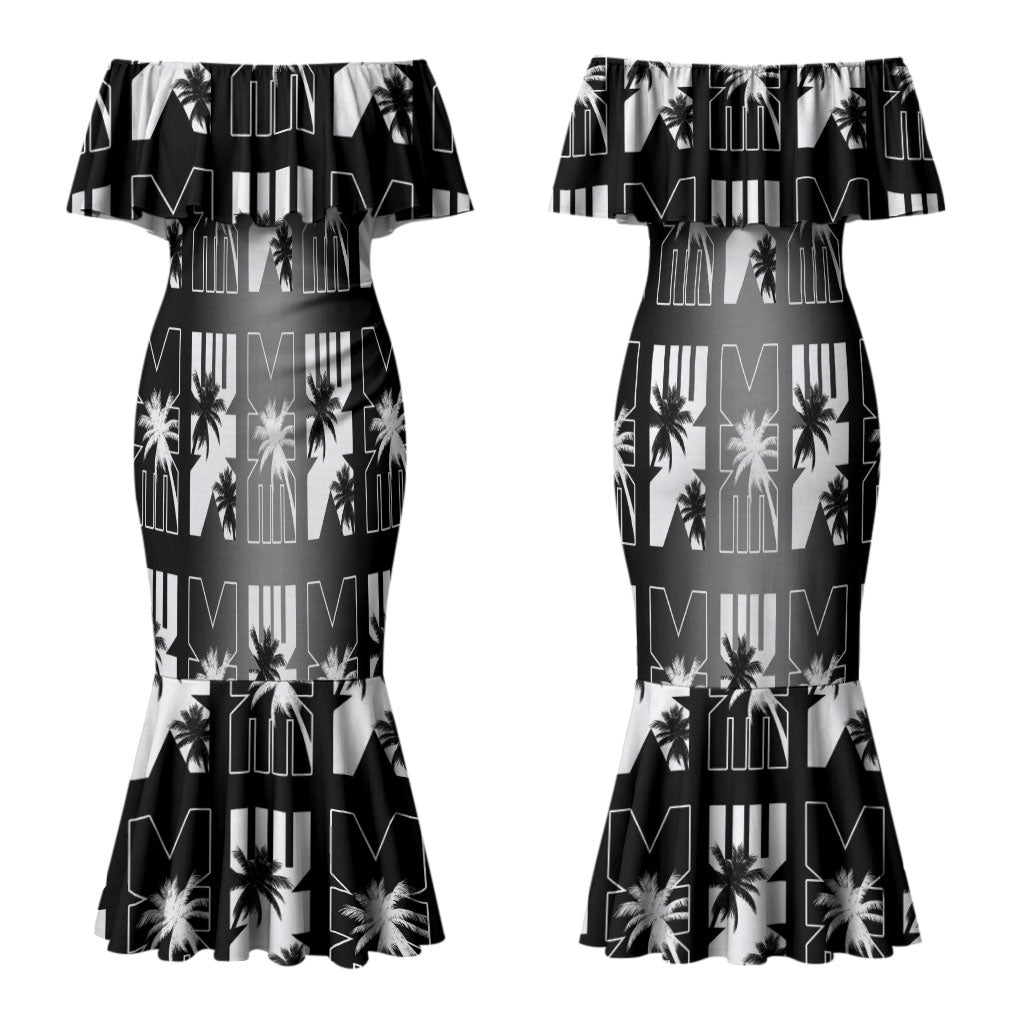 Bula Fiji Couples Matching Mermaid Dress and Long Sleeve Button Shirt Black Makare Masi Tapa Pattern LT05 - Polynesian Pride