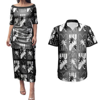 Bula Fiji Couples Matching Puletasi and Hawaiian Shirt Black Makare Masi Tapa Pattern LT05 Black - Polynesian Pride