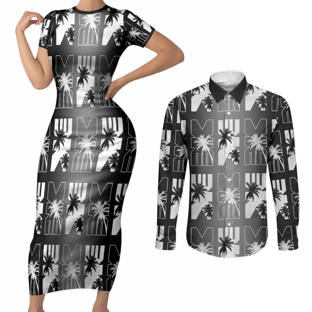 Bula Fiji Couples Matching Short Sleeve Bodycon Dress and Long Sleeve Button Shirt Black Makare Masi Tapa Pattern LT05 Black - Polynesian Pride