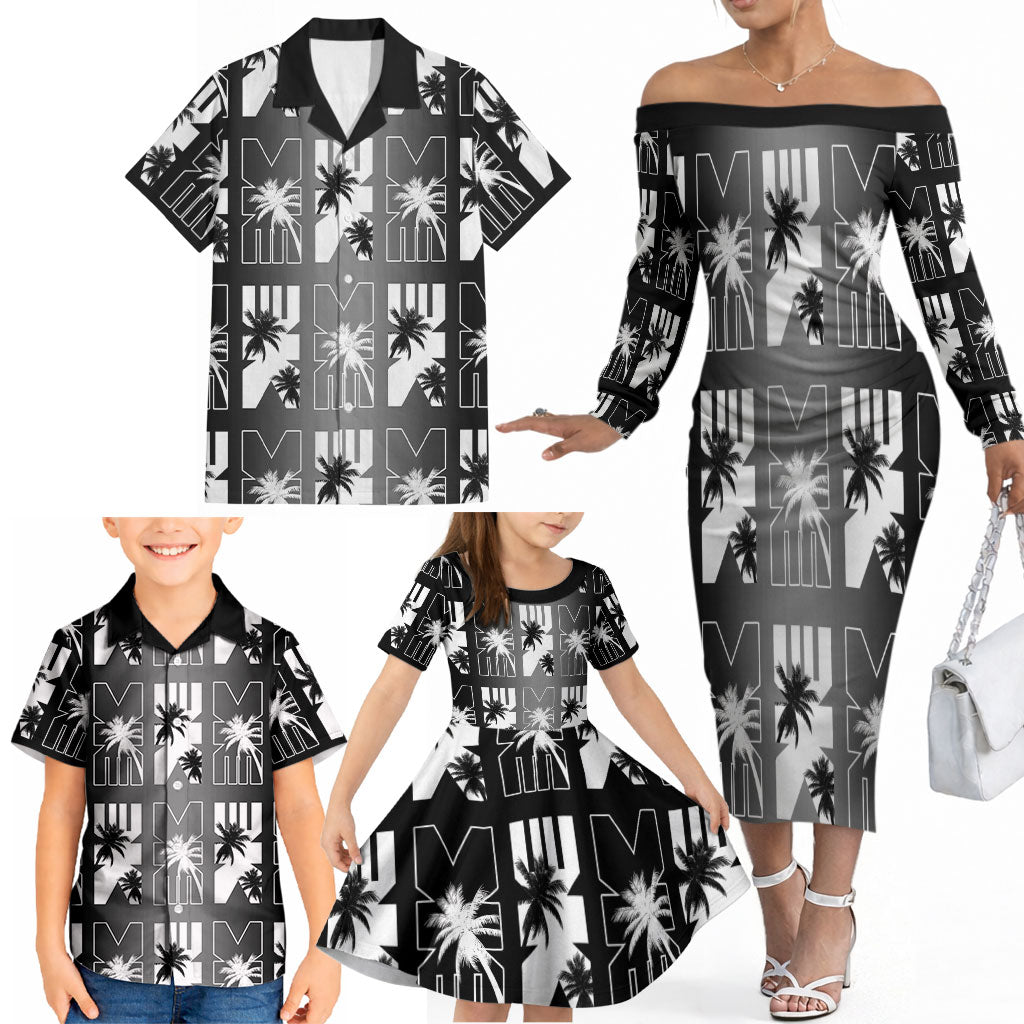 Bula Fiji Family Matching Off The Shoulder Long Sleeve Dress and Hawaiian Shirt Black Makare Masi Tapa Pattern