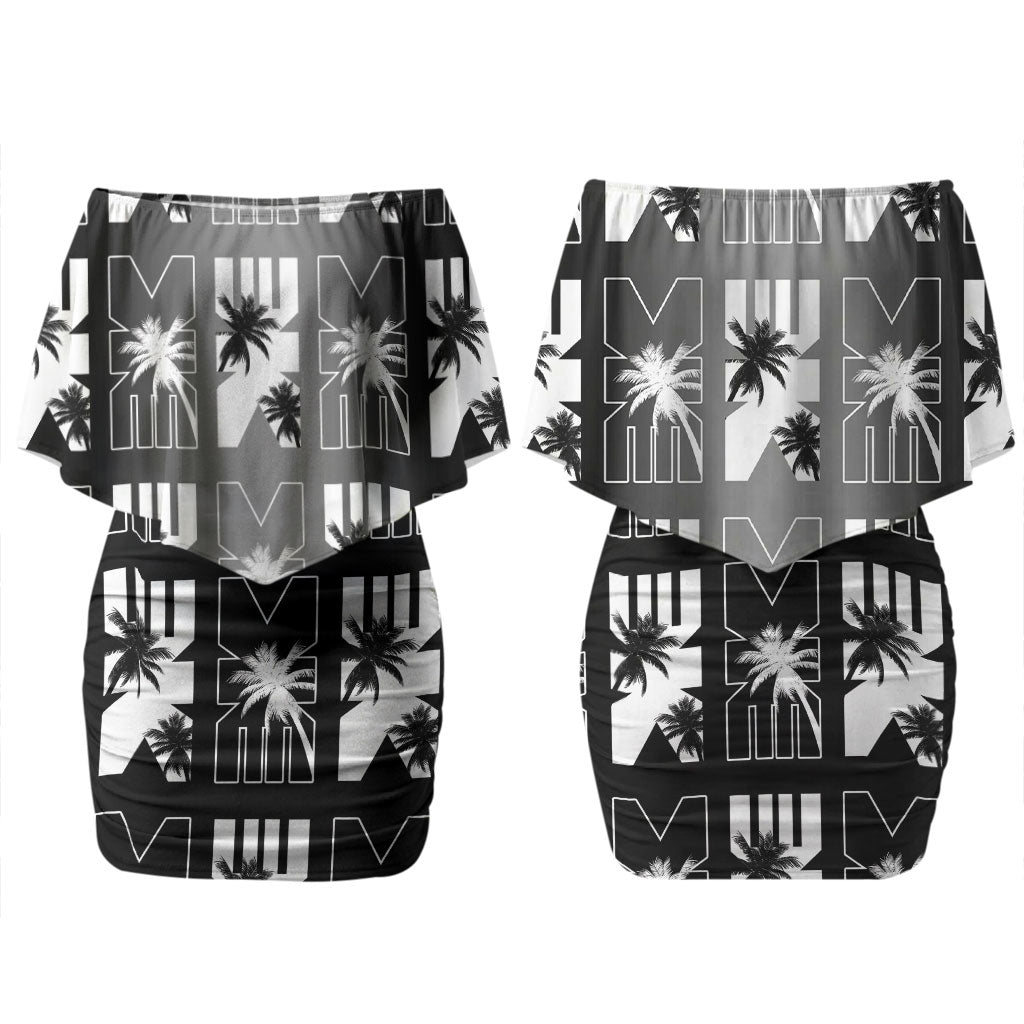 Bula Fiji Family Matching Off Shoulder Short Dress and Hawaiian Shirt Black Makare Masi Tapa Pattern LT05 Mom's Dress Black - Polynesian Pride