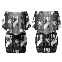 Bula Fiji Family Matching Off Shoulder Short Dress and Hawaiian Shirt Black Makare Masi Tapa Pattern LT05 Mom's Dress Black - Polynesian Pride