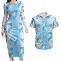 Bula Fiji Couples Matching Long Sleeve Bodycon Dress and Hawaiian Shirt White Makare Masi Tapa Pattern LT05 White - Polynesian Pride