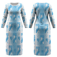 Bula Fiji Couples Matching Long Sleeve Bodycon Dress and Hawaiian Shirt White Makare Masi Tapa Pattern LT05 - Polynesian Pride