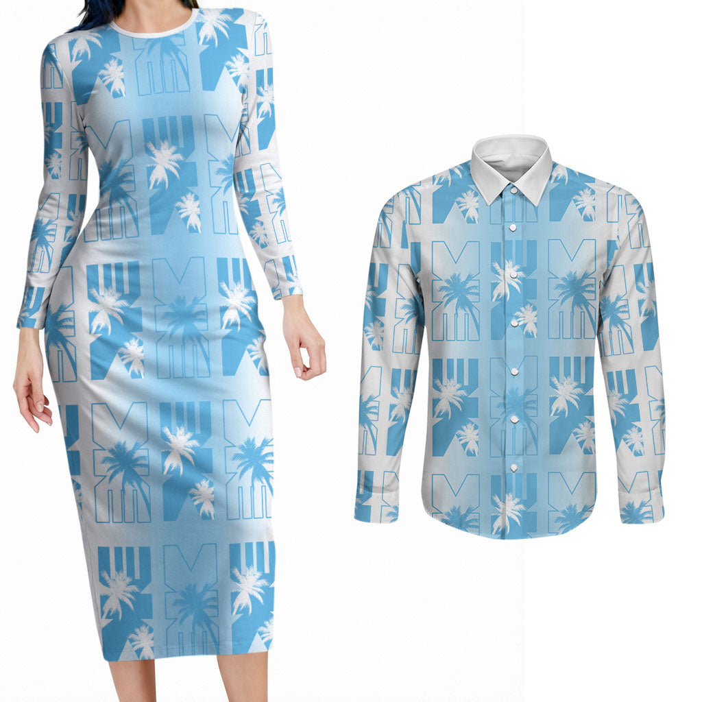 Bula Fiji Couples Matching Long Sleeve Bodycon Dress and Long Sleeve Button Shirt White Makare Masi Tapa Pattern LT05 White - Polynesian Pride