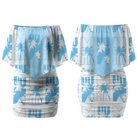 Bula Fiji Couples Matching Off Shoulder Short Dress and Hawaiian Shirt White Makare Masi Tapa Pattern LT05 - Polynesian Pride
