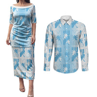 Bula Fiji Couples Matching Puletasi and Long Sleeve Button Shirt White Makare Masi Tapa Pattern LT05 White - Polynesian Pride