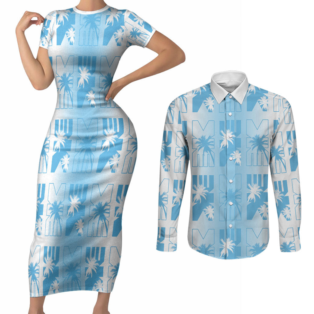 Bula Fiji Couples Matching Short Sleeve Bodycon Dress and Long Sleeve Button Shirt White Makare Masi Tapa Pattern