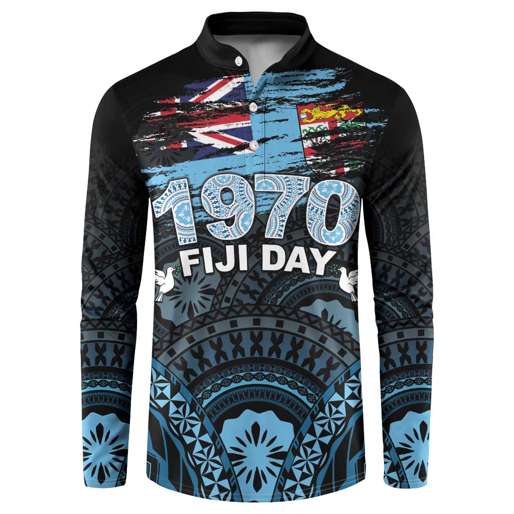 Personalised Happy Fiji Day 1970 Button Sweatshirt Flag Grunge Style LT05 Black - Polynesian Pride