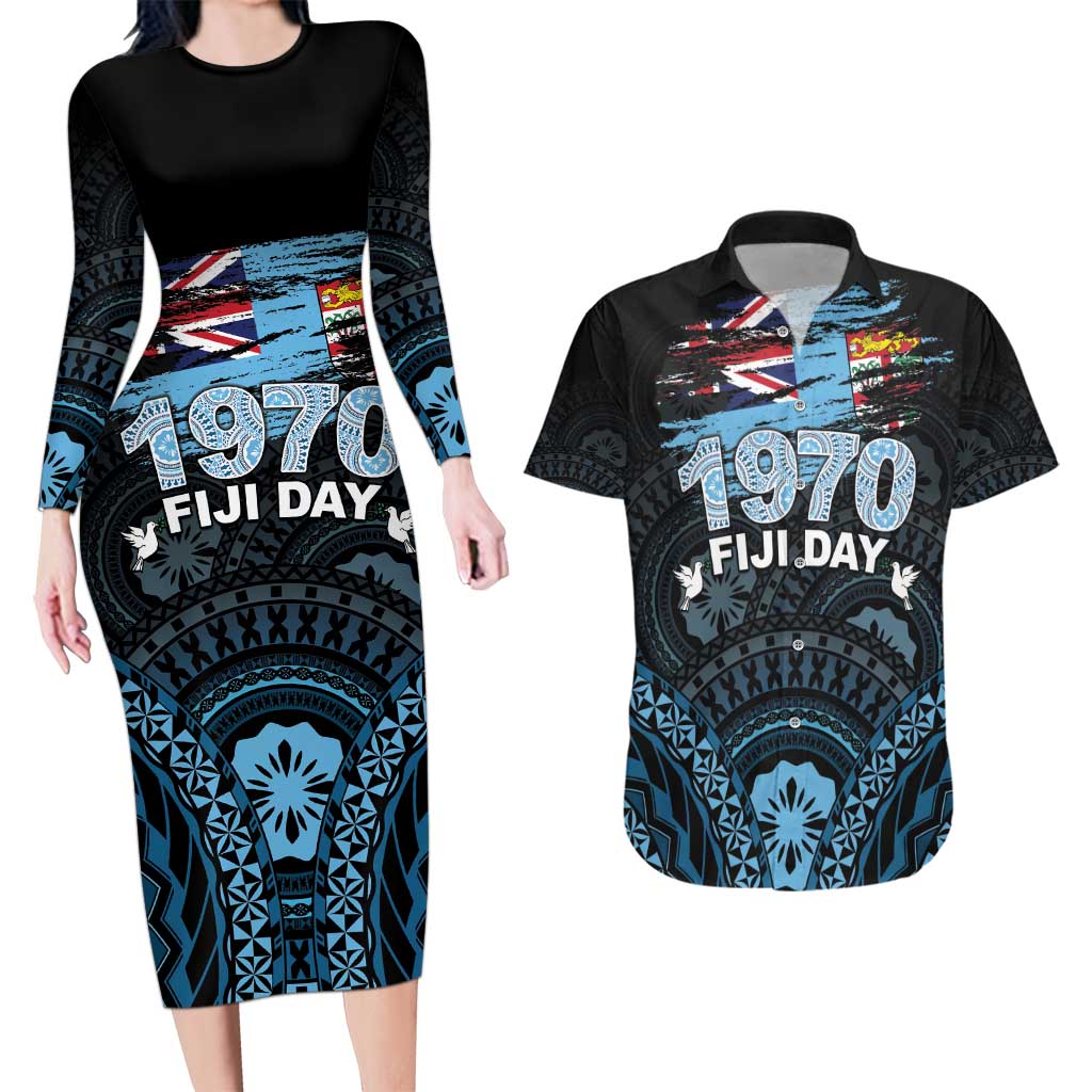 Personalised Happy Fiji Day 1970 Couples Matching Long Sleeve Bodycon Dress and Hawaiian Shirt Flag Grunge Style