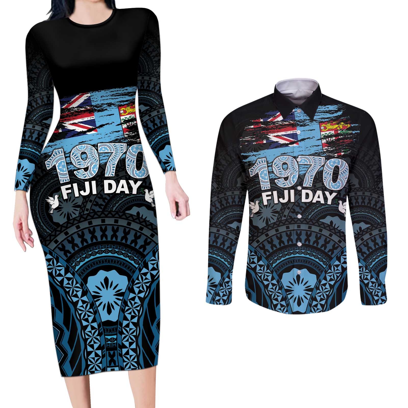 Personalised Happy Fiji Day 1970 Couples Matching Long Sleeve Bodycon Dress and Long Sleeve Button Shirt Flag Grunge Style