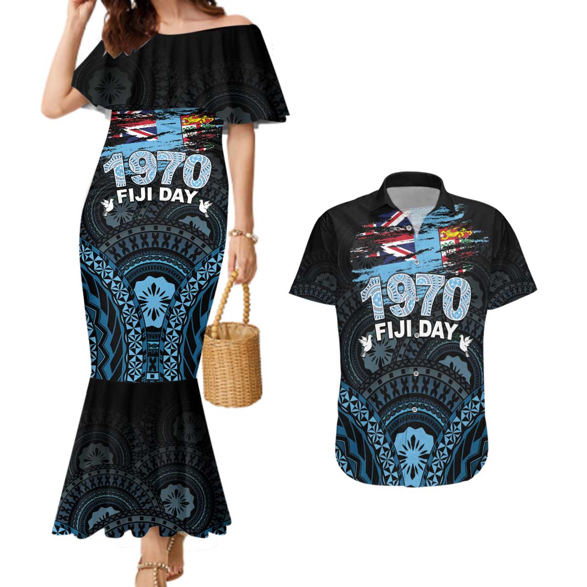 Personalised Happy Fiji Day 1970 Couples Matching Mermaid Dress and Hawaiian Shirt Flag Grunge Style