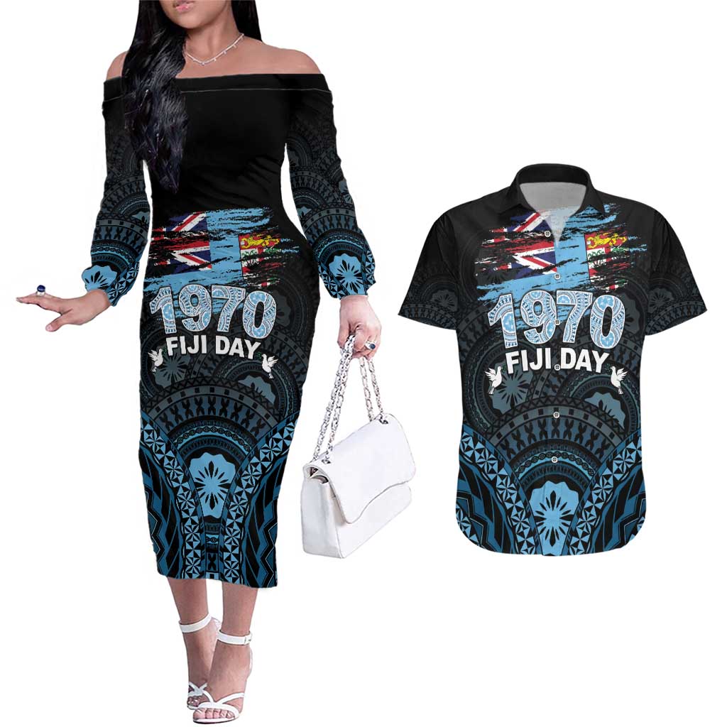 Personalised Happy Fiji Day 1970 Couples Matching Off The Shoulder Long Sleeve Dress and Hawaiian Shirt Flag Grunge Style