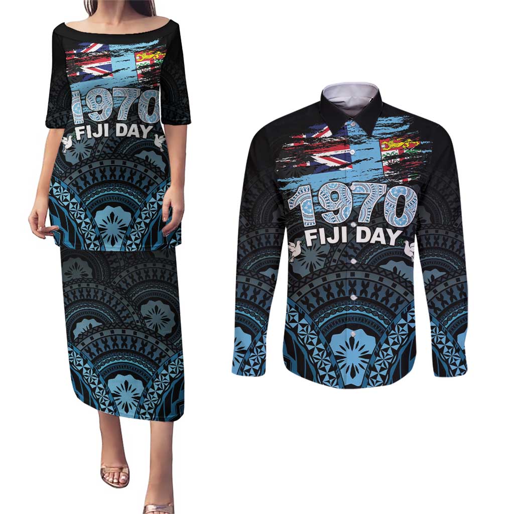 Personalised Happy Fiji Day 1970 Couples Matching Puletasi and Long Sleeve Button Shirt Flag Grunge Style