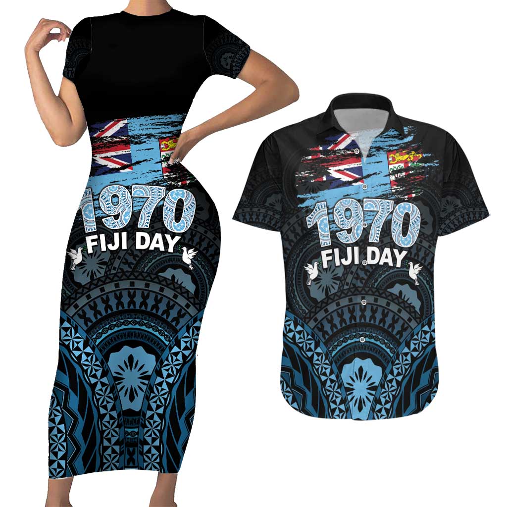 Personalised Happy Fiji Day 1970 Couples Matching Short Sleeve Bodycon Dress and Hawaiian Shirt Flag Grunge Style LT05 Black - Polynesian Pride