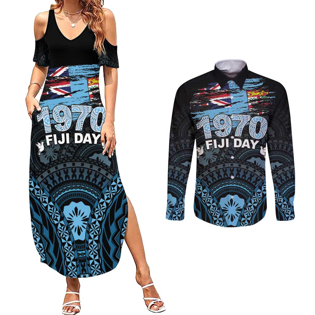 Personalised Happy Fiji Day 1970 Couples Matching Summer Maxi Dress and Long Sleeve Button Shirt Flag Grunge Style