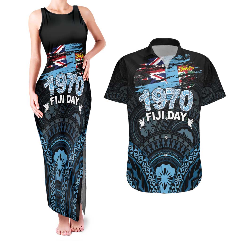 Personalised Happy Fiji Day 1970 Couples Matching Tank Maxi Dress and Hawaiian Shirt Flag Grunge Style