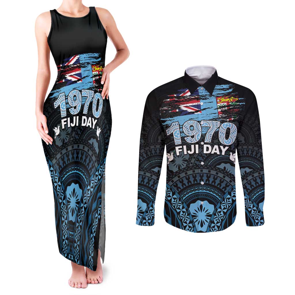 Personalised Happy Fiji Day 1970 Couples Matching Tank Maxi Dress and Long Sleeve Button Shirt Flag Grunge Style