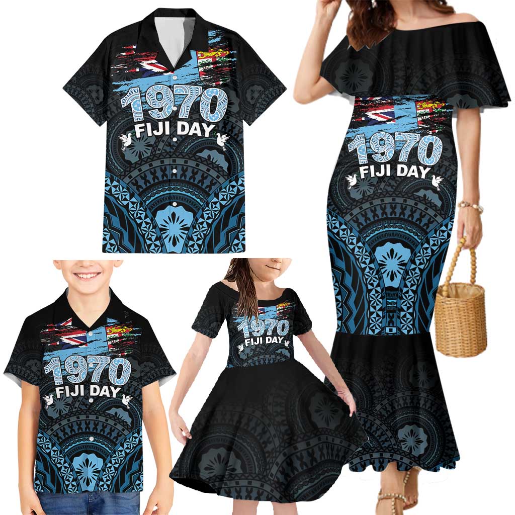 Personalised Happy Fiji Day 1970 Family Matching Mermaid Dress and Hawaiian Shirt Flag Grunge Style