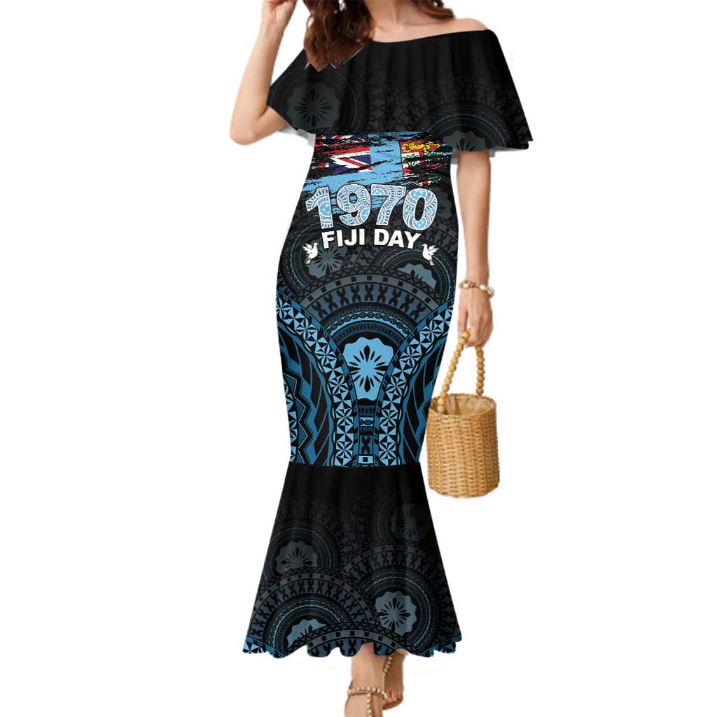 Personalised Happy Fiji Day 1970 Family Matching Mermaid Dress and Hawaiian Shirt Flag Grunge Style