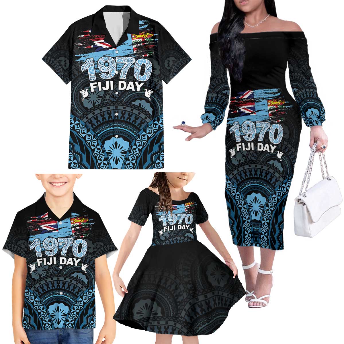 Personalised Happy Fiji Day 1970 Family Matching Off The Shoulder Long Sleeve Dress and Hawaiian Shirt Flag Grunge Style