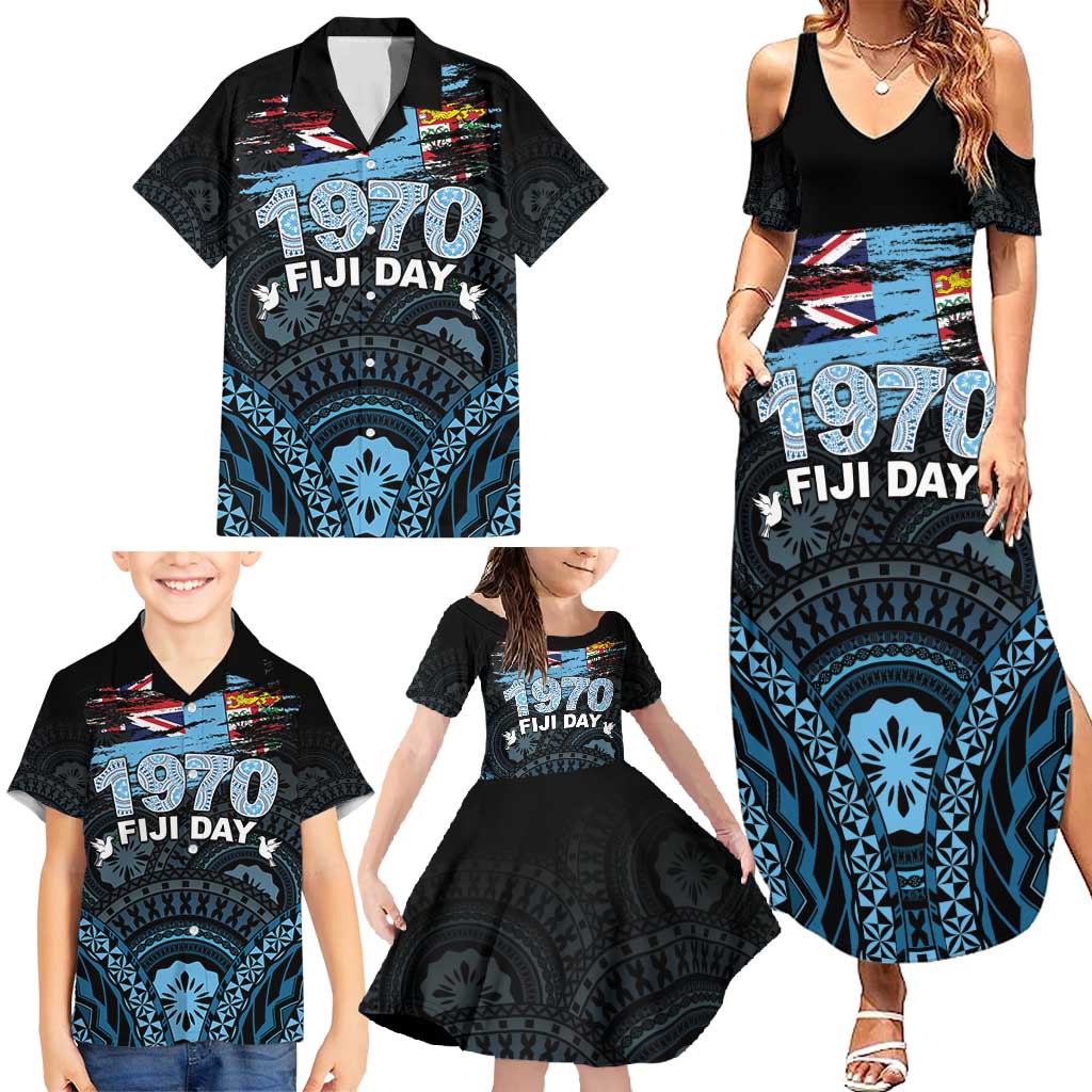 Personalised Happy Fiji Day 1970 Family Matching Summer Maxi Dress and Hawaiian Shirt Flag Grunge Style