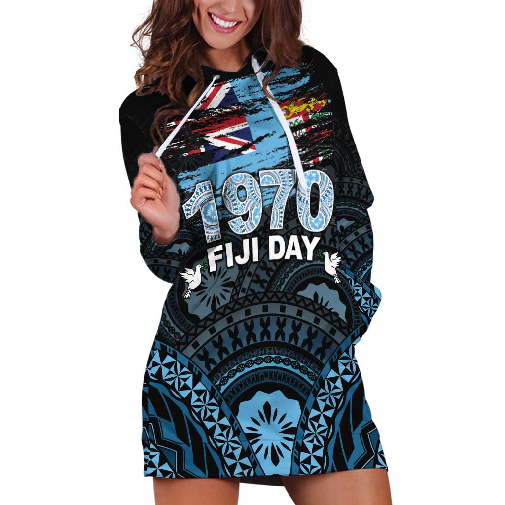 Personalised Happy Fiji Day 1970 Hoodie Dress Flag Grunge Style LT05 Black - Polynesian Pride