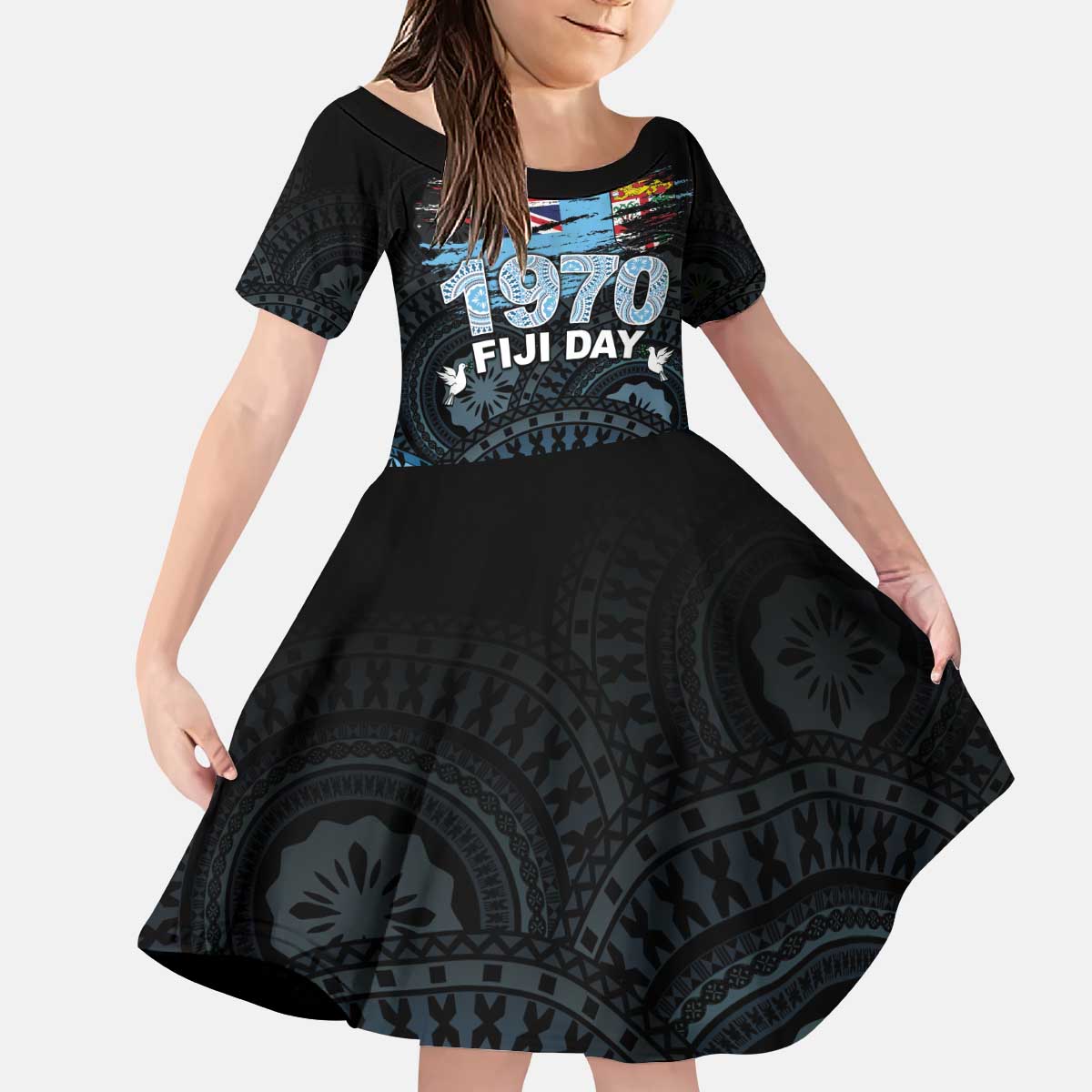 Personalised Happy Fiji Day 1970 Kid Short Sleeve Dress Flag Grunge Style