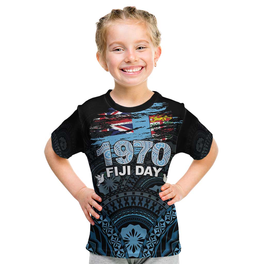 Personalised Happy Fiji Day 1970 Kid T Shirt Flag Grunge Style