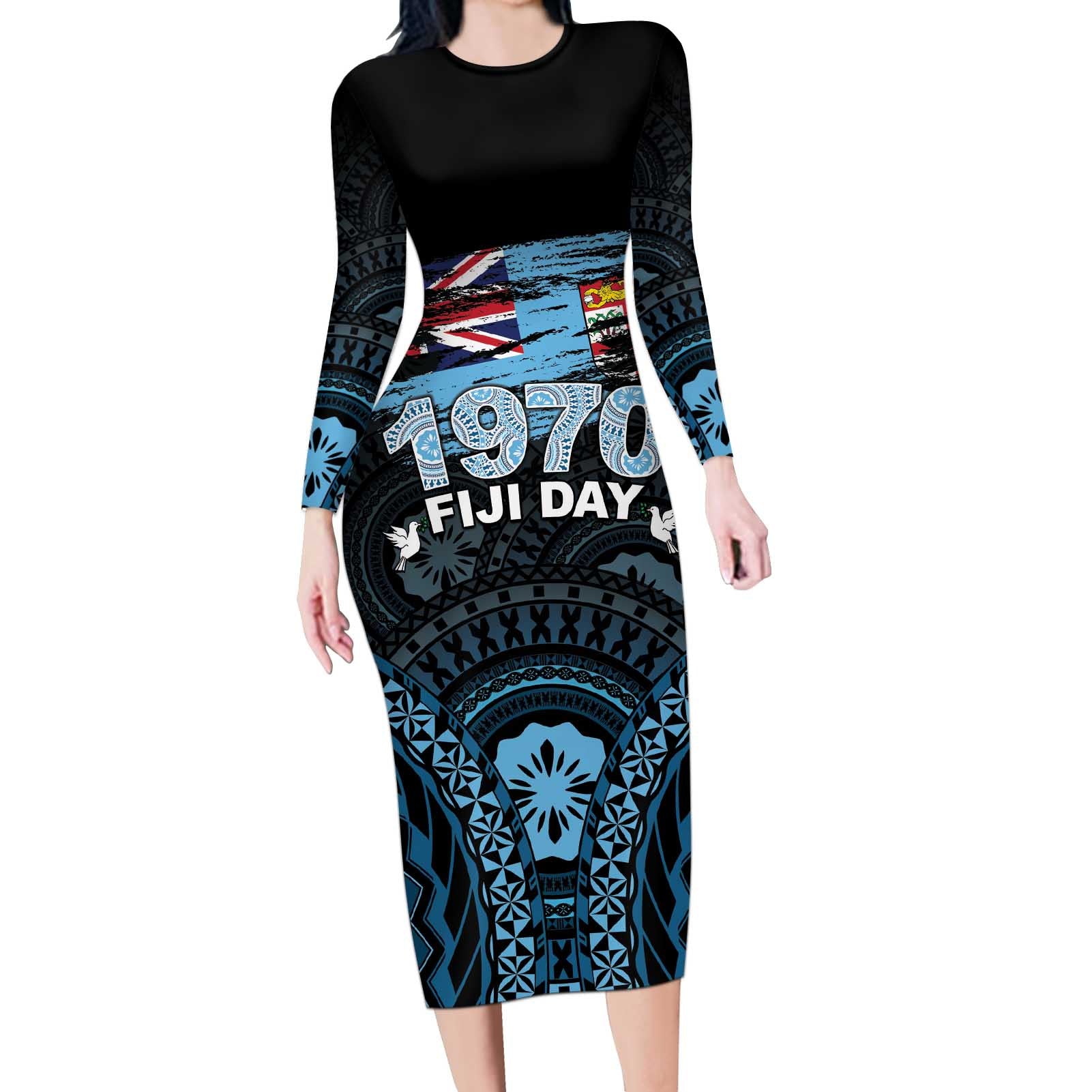 Personalised Happy Fiji Day 1970 Long Sleeve Bodycon Dress Flag Grunge Style