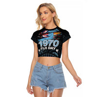 Personalised Happy Fiji Day 1970 Raglan Cropped T Shirt Flag Grunge Style LT05 Female Black - Polynesian Pride