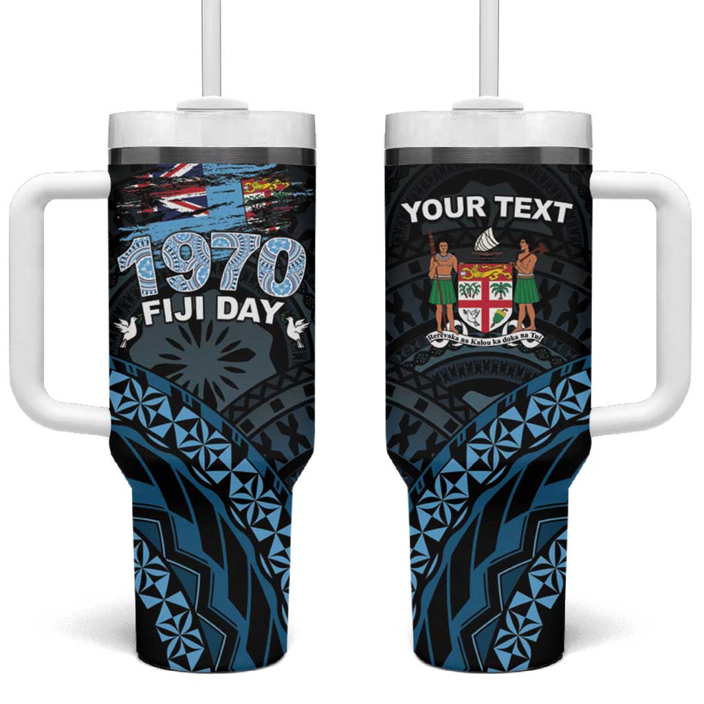 Personalised Happy Fiji Day 1970 Tumbler With Handle Flag Grunge Style LT05 One Size: 40 oz Black - Polynesian Pride