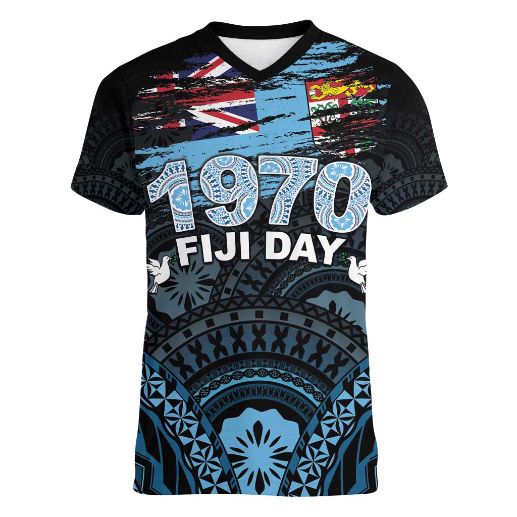 Personalised Happy Fiji Day 1970 Women V-Neck T-Shirt Flag Grunge Style