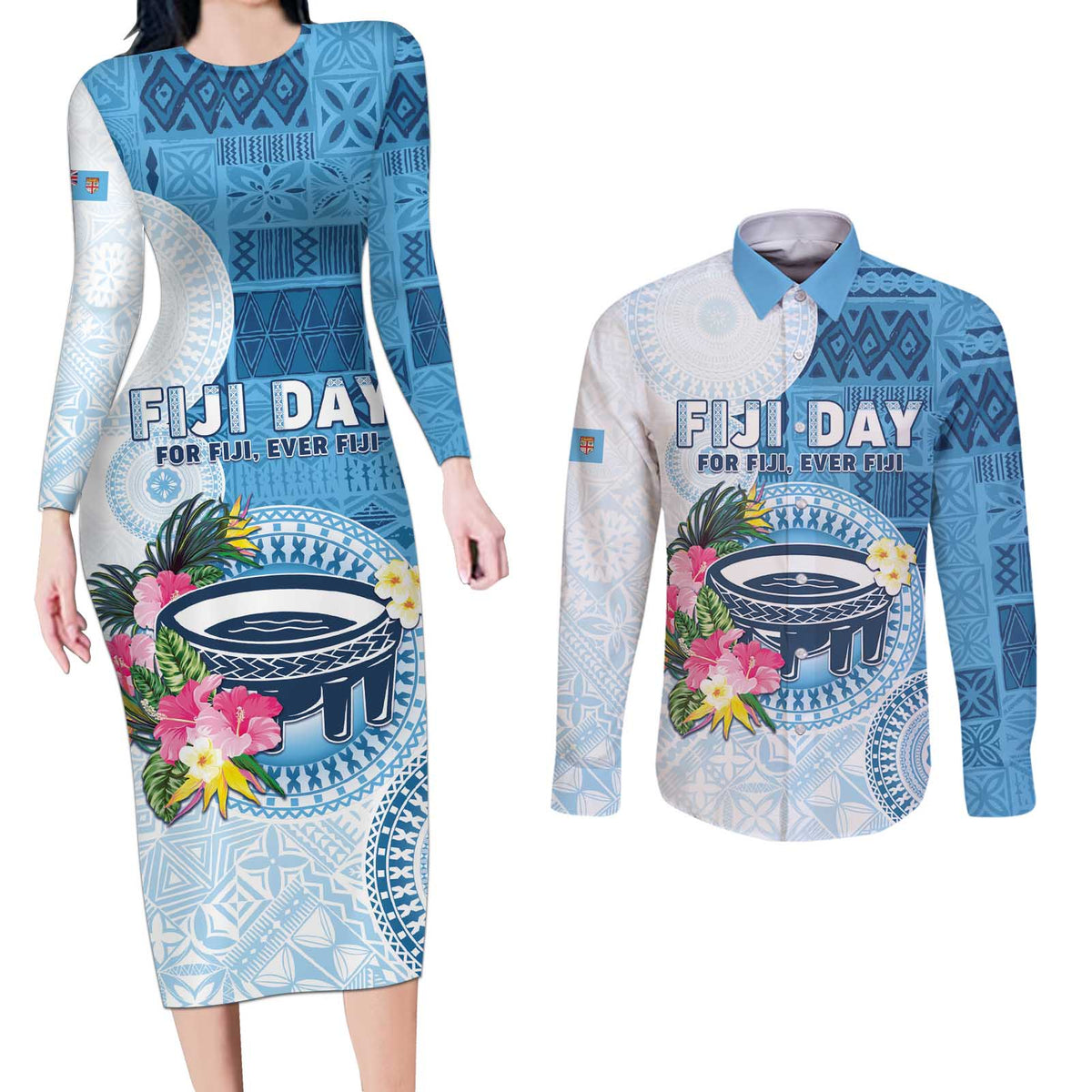Fiji Day Couples Matching Long Sleeve Bodycon Dress and Long Sleeve Button Shirt Proud To Be Fijian LT05 Blue - Polynesian Pride