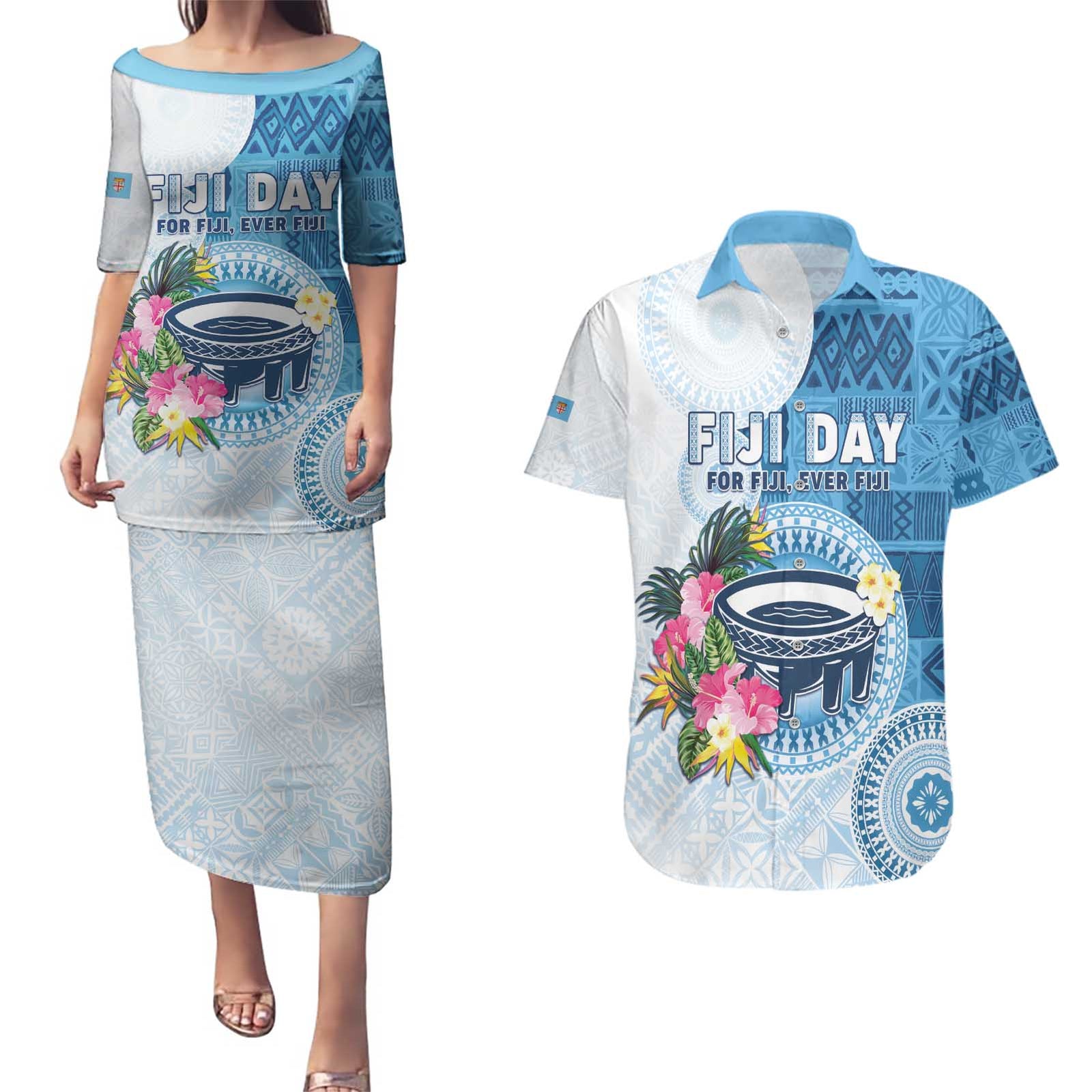 Fiji Day Couples Matching Puletasi and Hawaiian Shirt Proud To Be Fijian LT05 Blue - Polynesian Pride