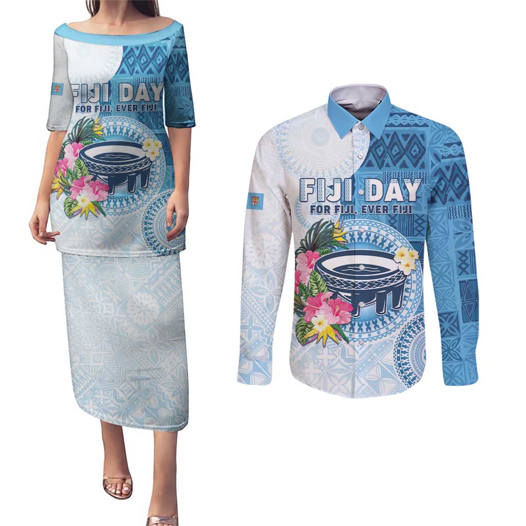 Fiji Day Couples Matching Puletasi and Long Sleeve Button Shirt Proud To Be Fijian