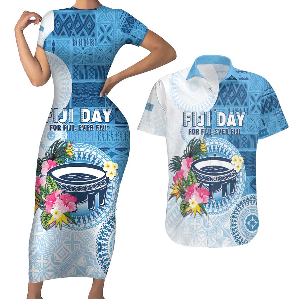 Fiji Day Couples Matching Short Sleeve Bodycon Dress and Hawaiian Shirt Proud To Be Fijian LT05 Blue - Polynesian Pride