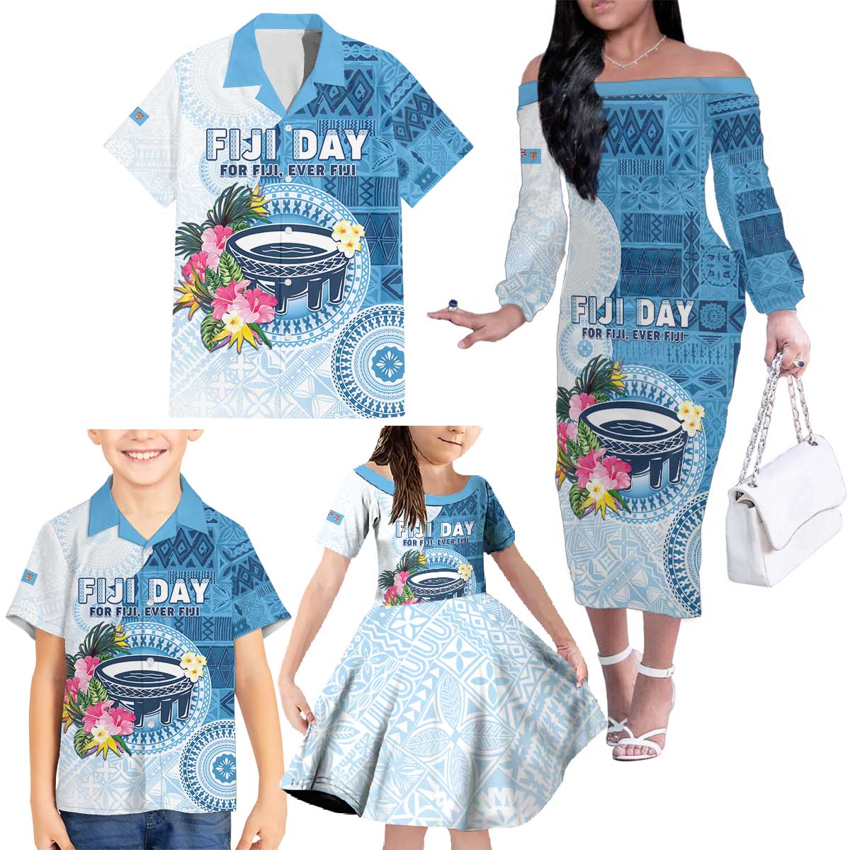 Fiji Day Family Matching Off The Shoulder Long Sleeve Dress and Hawaiian Shirt Proud To Be Fijian