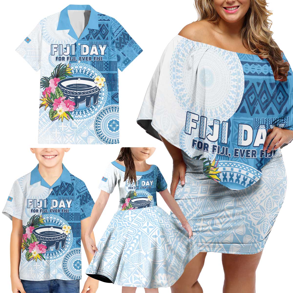 Fiji Day Family Matching Off Shoulder Short Dress and Hawaiian Shirt Proud To Be Fijian