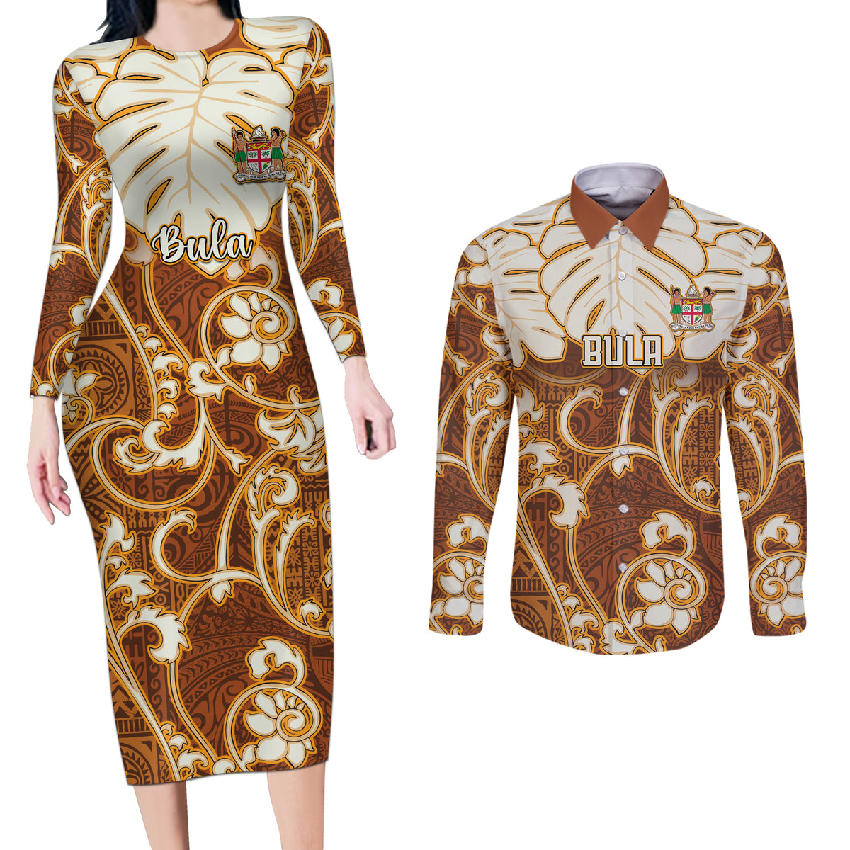 Personalized Fiji Spring Break Couples Matching Long Sleeve Bodycon Dress and Long Sleeve Button Shirts Fijian Tapa Pattern Brown LT05 Brown - Polynesian Pride