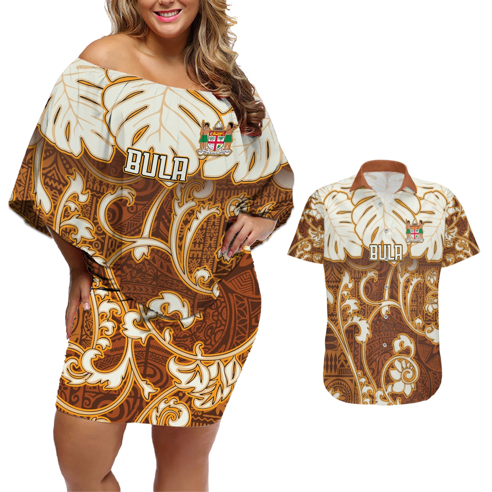 Personalized Fiji Spring Break Couples Matching Off Shoulder Short Dress and Hawaiian Shirt Fijian Tapa Pattern Brown LT05 Brown - Polynesian Pride