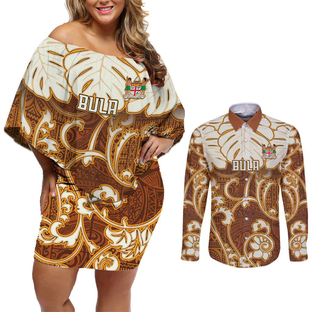 Personalized Fiji Spring Break Couples Matching Off Shoulder Short Dress and Long Sleeve Button Shirts Fijian Tapa Pattern Brown LT05 Brown - Polynesian Pride