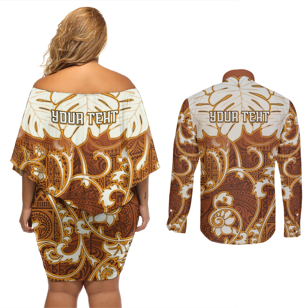 Personalized Fiji Spring Break Couples Matching Off Shoulder Short Dress and Long Sleeve Button Shirts Fijian Tapa Pattern Brown LT05 - Polynesian Pride