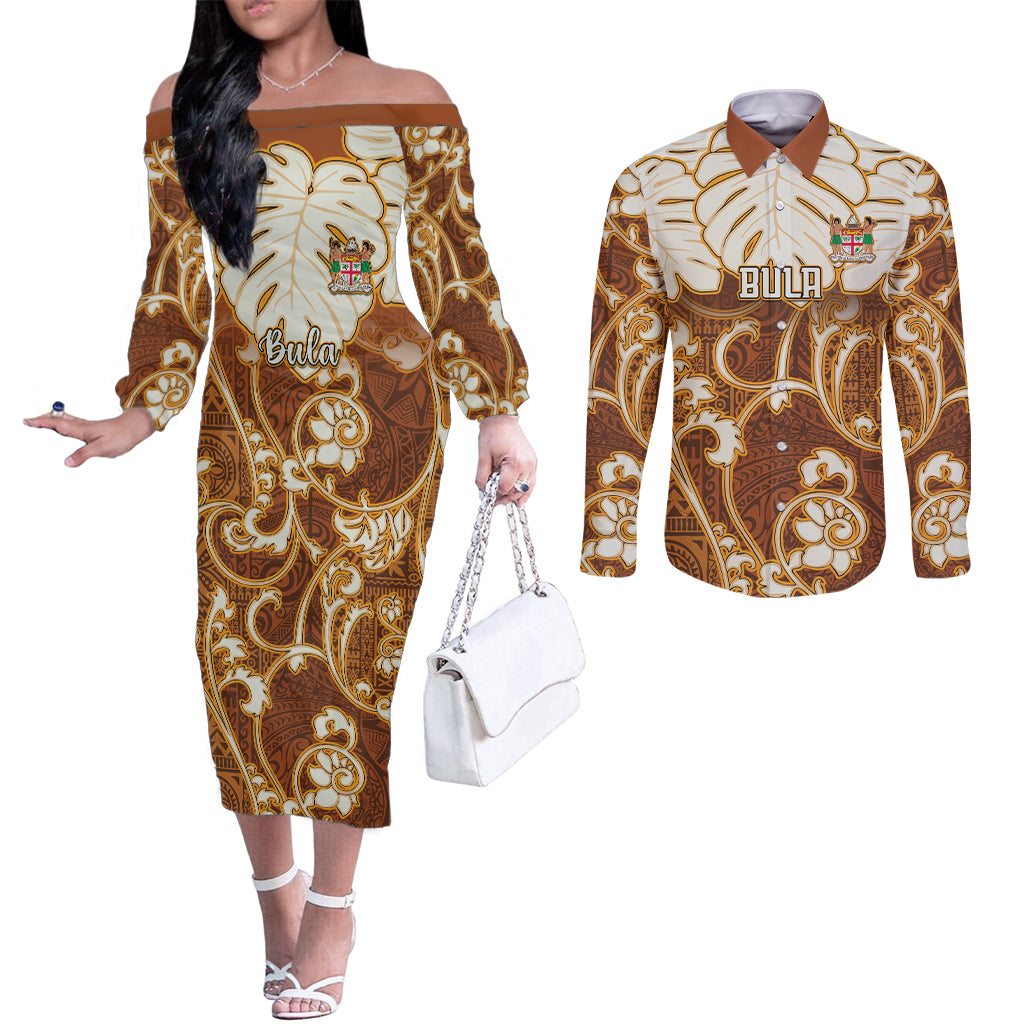 Personalized Fiji Spring Break Couples Matching Off The Shoulder Long Sleeve Dress and Long Sleeve Button Shirts Fijian Tapa Pattern Brown LT05 Brown - Polynesian Pride