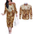 Personalized Fiji Spring Break Couples Matching Off The Shoulder Long Sleeve Dress and Long Sleeve Button Shirts Fijian Tapa Pattern Brown LT05 Brown - Polynesian Pride