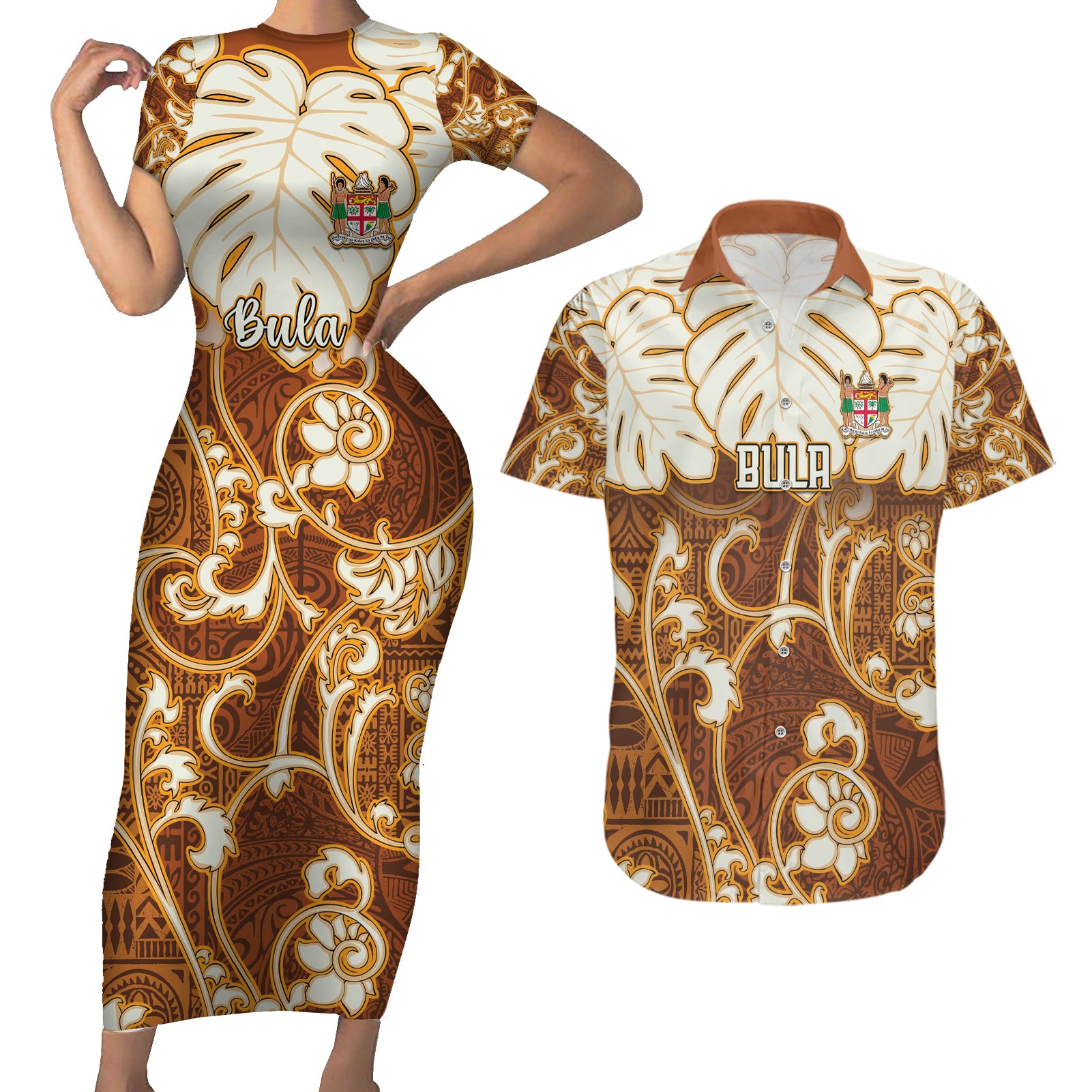 Personalized Fiji Spring Break Couples Matching Short Sleeve Bodycon Dress and Hawaiian Shirt Fijian Tapa Pattern Brown LT05 Brown - Polynesian Pride